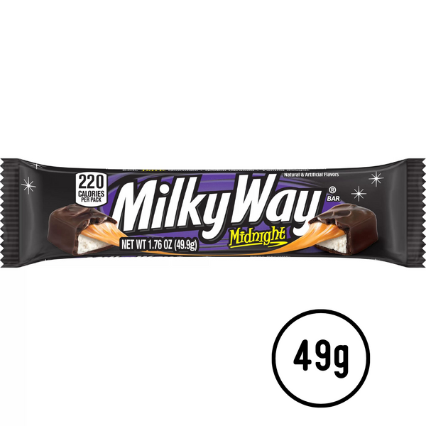 A wrapped MILKY WAY Midnight Dark Chocolate bar, showcasing its sleek dark chocolate coating and brand logo.