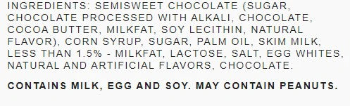 An image displaying the ingredients list of MILKY WAY Midnight Dark Chocolate, including semisweet chocolate, corn syrup, milkfat, and natural flavors.